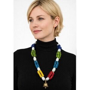 Vintage Heavy Colorful Glass Bead Necklace Brass Bell Artisian Boho Hippie Style